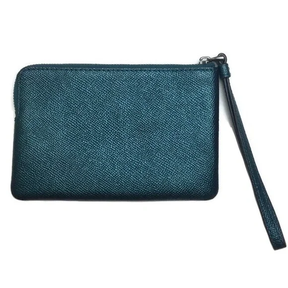 Coach Metallic Dark Teal Leather Corner Zip Wristlet - Picture 2 of 10